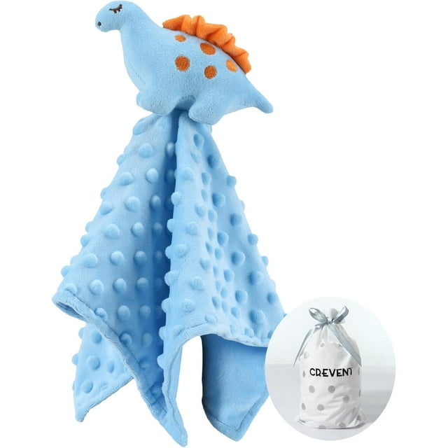 CREVENT Cozy Plush Baby Security Blanket Loveys for Baby Boys, Minky Dot Front + Sherpa Backing with Animal Face (Blue Dinosaur)