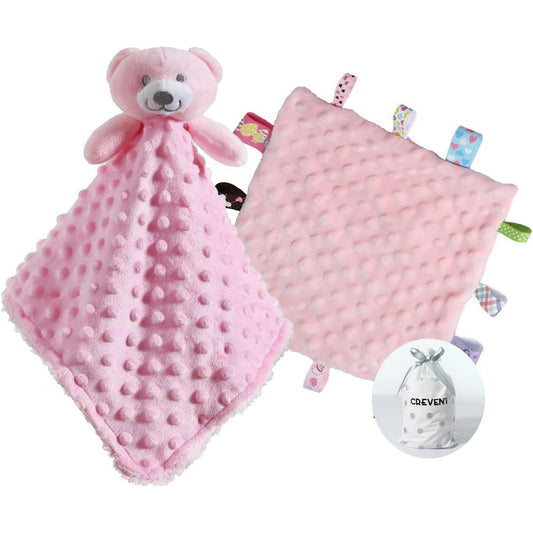 CREVENT Cozy Plush Baby Security Blanket SET for Newborns Baby Boys Girls, Baby Shower Gift, 2 items, Unisex, Pink Bear+Tag