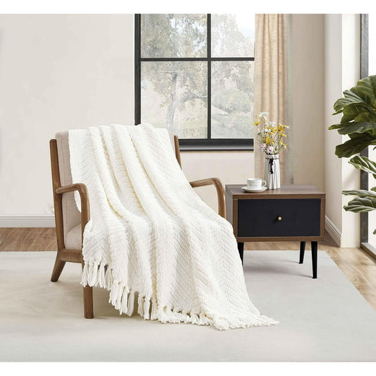 CREVENT Farmhouse Chenille Throw Blanket for Couch Home Decoration, Soft Warm Cozy(50''X60'' Ivory)