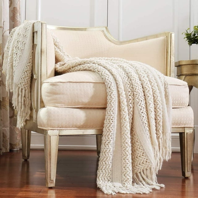 CREVENT Home Decor Rustic Couch Sofa Chair Bed Throw Blanket, Soft Warm Cozy Light Weight for Travelling (50''X60'' Beige / Ivory)