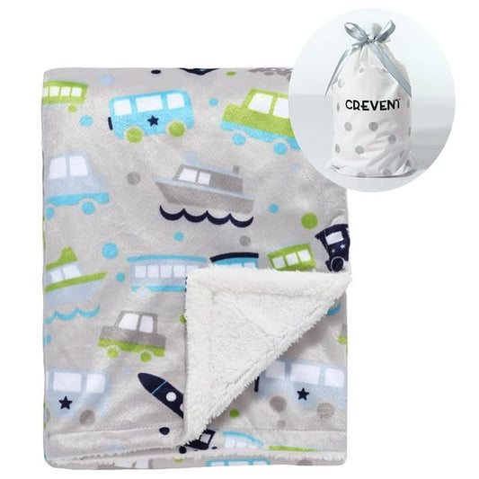 CREVENT Minky Sherpa Warm Baby Blanket for Girls Boys, Soft Plush Receiving Blanket for Newborns, 30''x40'' ,Grey Vehicle