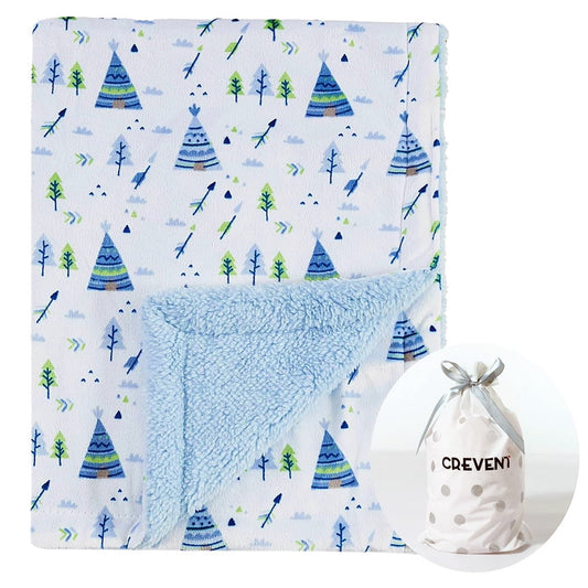 CREVENT Minky Sherpa Warm Baby Blanket for Boys Girls, Soft Plush Receiving Blanket for Newborns, 30''x40'', Blue Christmas Tree