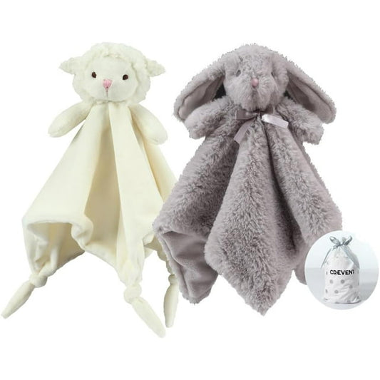 CREVENT Plush Cozy Lovey Security Blanket Gift SET, for Newborn Boy or Girl,Unisex, 2 items,Bunny+Elephant,Grey