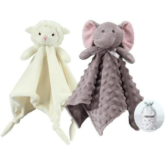 CREVENT Plush Cozy Lovey Security Blanket Gift SET, for Newborn Boy or Girl,Unisex, 2 items,Ivory Sheep+Grey Elephant