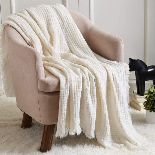 CREVENT Plush Throw Blanket for Home Decoration, Soft Warm Cozy Light Weight for Summer Fall (50''X60'' Off White/Ivory/Cream)