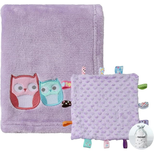 CREVENT Soft Baby Blankets Gift Set for Boys Girls, Purple Baby Blanket, one Tag, with A Gift Bag, Unisex, 2 Items