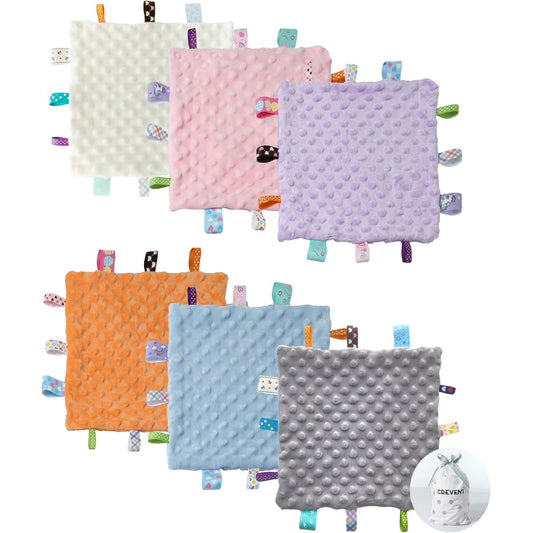 CREVENT Soft Tag Gift Set for Baby Boys Girls,Great Gifts for Birthday Baby Shower,10"X10",Purple+Pink+Grey+Ivory+Blue+Orange, Unisex, 6 Items