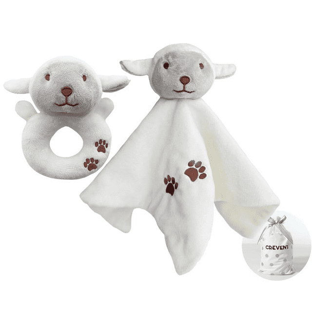 CREVENT Plush Ring Baby Security Blanket GIFT SET for Baby Boys and Girls, Baby shower Birthday Gift,Blanket with Ring Shaker Toy,Unisex,2Items,Sheep