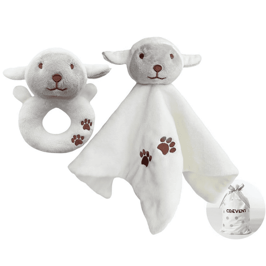 CREVENT Plush Ring Baby Security Blanket GIFT SET for Baby Boys and Girls, Baby shower Birthday Gift,Blanket with Ring Shaker Toy,Unisex,2Items,Sheep