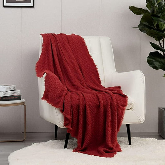 CREVENT Farmhouse Boho Knitted Throw Blanket for Couch Sofa Chair Bed Home Decoration, Soft Warm Cozy Light Weight for Spring Summer Fall, 50''X60'' ,Christmas Red
