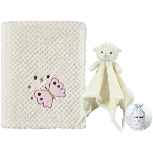 CREVENT Baby Blankets Ivory Gift Set for Boys Girls, Butterfly Baby Blanket,Sheep Security Blanket, with A Gift Bag, Unisex, 2 Items