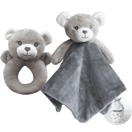 CREVENT Plush Ring Baby Security Blanket GIFT SET for Baby Boys and Girls, Baby shower Birthday Gift,Blanket with Ring Shaker Toy,Unisex,2Items,Bear
