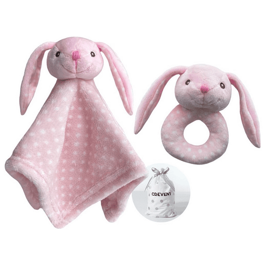 CREVENT Plush Ring Baby Security Blanket GIFT SET for Baby Boys and Girls, Baby shower Birthday Gift,Blanket with Ring Shaker Toy,Unisex,2Items,Bunny