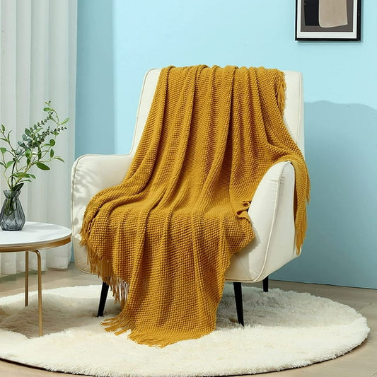 CREVENT Knitted Decorative Throw Blanket for Couch Sofa Chair Bed，Soft Warm Cozy Light Weight for Spring Summer Fall (50''X60'' Mustard Yellow)