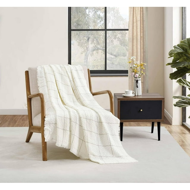 CREVENT Farmhouse Boho Knitted Throw Blanket for Couch Sofa Chair Bed Home Decoration, Soft Warm Cozy Light Weight for Spring Summer Fall (50''X60'' /Cream)