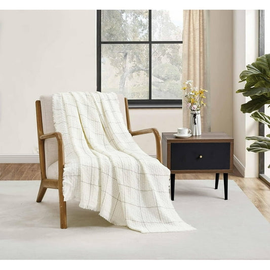 CREVENT Farmhouse Boho Knitted Throw Blanket for Couch Sofa Chair Bed Home Decoration, Soft Warm Cozy Light Weight for Spring Summer Fall (50''X60'' /Cream)