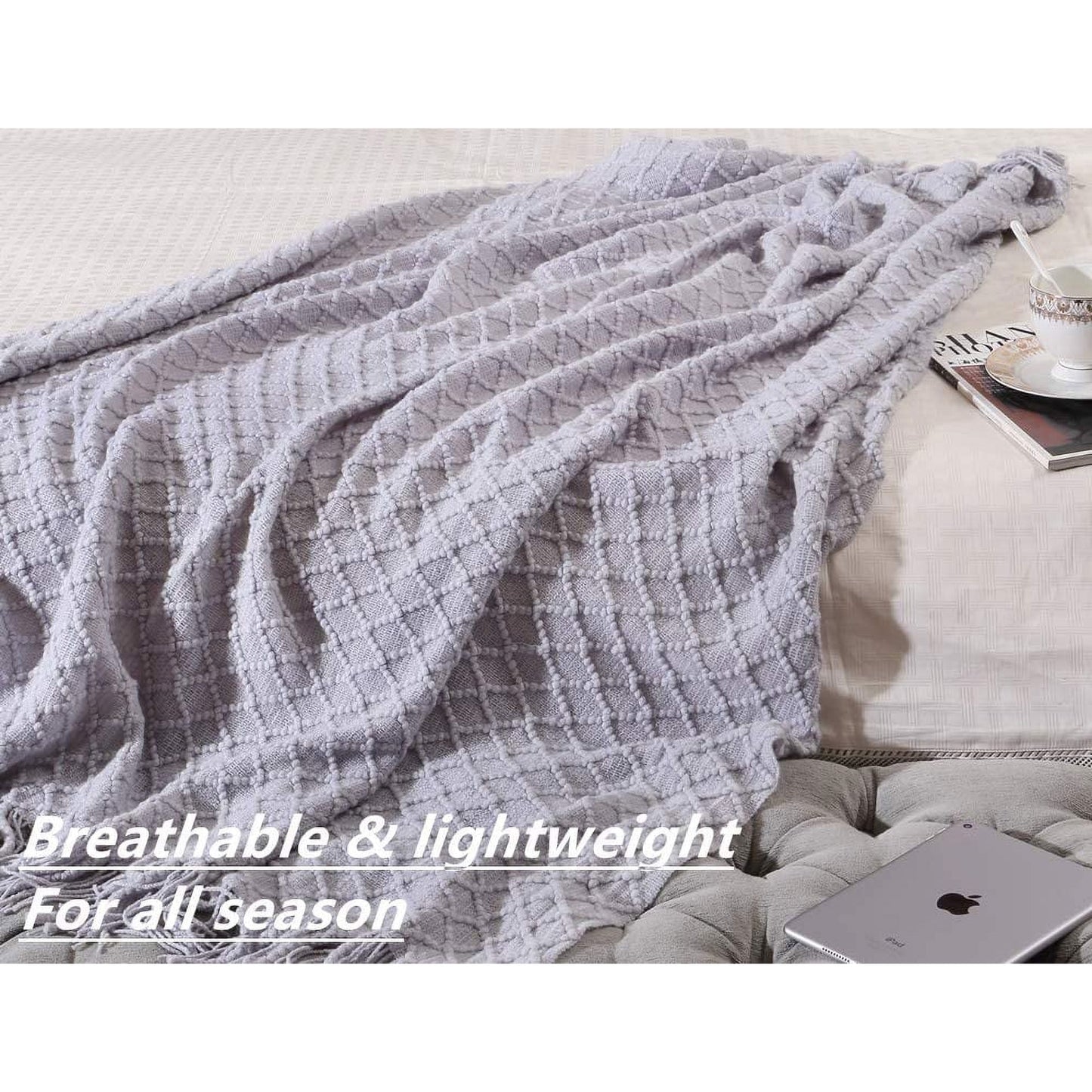 CREVENT Rustic Farmhouse Couch Sofa Throw Blanket for Bedroom Living Room Decoration, Soft Warm Cozy Light Weight for Spring Summer (50''X60'' Light Grey)