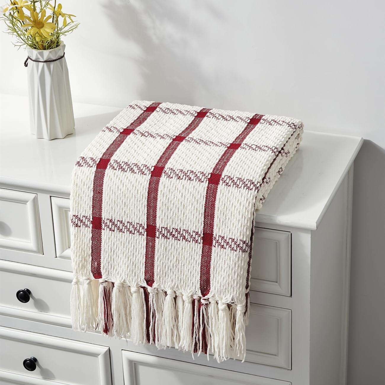 CREVENT Farmhouse Rust Chenille Throw Blanket for Couch Sofa Chair Bed Home Decoration, Soft Warm Cozy Knit Blanket for Spring (50''X60'' Red)