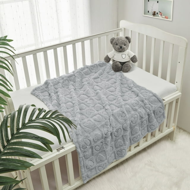 CREVENT Plush Soft Baby Blanket Receiving Blankets Heart Checkered for Girls Boys, for Infant Toddler Crib Stroller,30''×40'',Light Grey