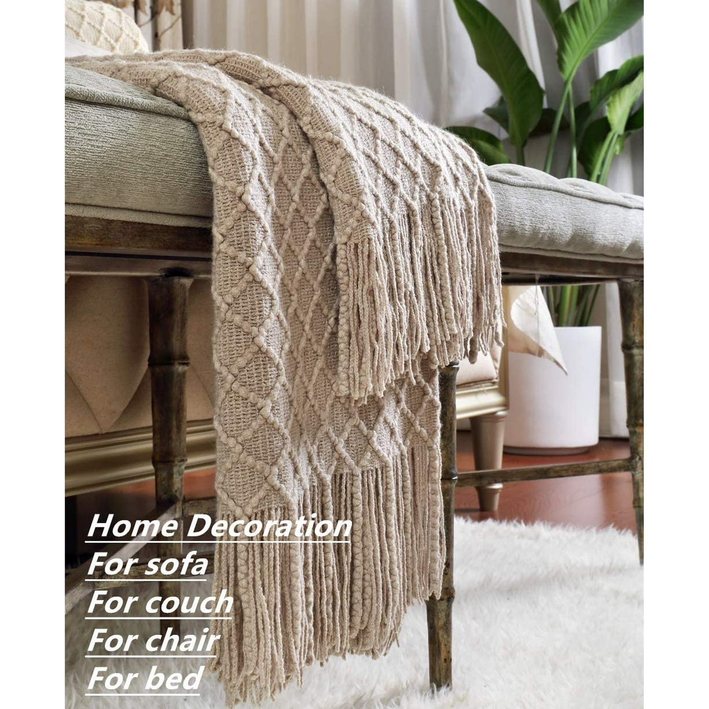 CREVENT Throw Blanket for Couch Sofa Chair Bed Home Decoration, Soft Warm Cozy Light Weight for Spring Summer (50''X60'' Beige/Khaki)