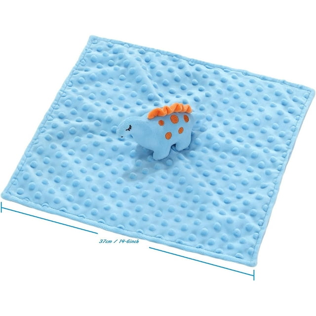 CREVENT Cozy Plush Baby Security Blanket Loveys for Baby Boys, Minky Dot Front + Sherpa Backing with Animal Face (Blue Dinosaur + Tag)