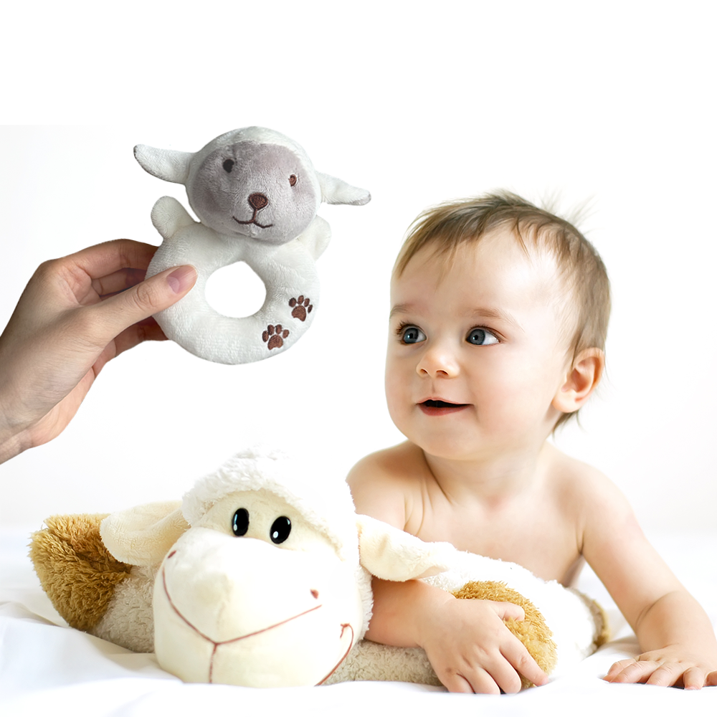 CREVENT Plush Ring Baby Security Blanket GIFT SET for Baby Boys and Girls, Baby shower Birthday Gift,Blanket with Ring Shaker Toy,Unisex,2Items,Sheep