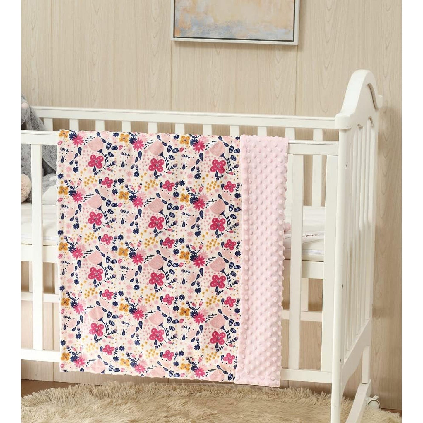 CREVENT Minky Floral Baby Blanket for Girls, Soft Plush Receiving Crib Blanket for Newborns Toddlers Bedding - Flowers 30x40 Inches