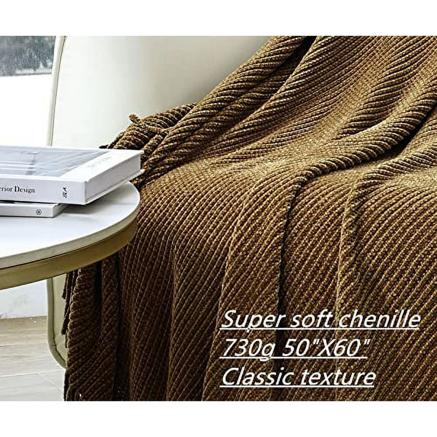 CREVENT Boho Chenille Throw Blanket for Couch Sofa Chair Bed Home Decoration, Super Soft Warm Cozy Knit Blanket for All Season (50''X60'' Coffee/Prairie Sand)