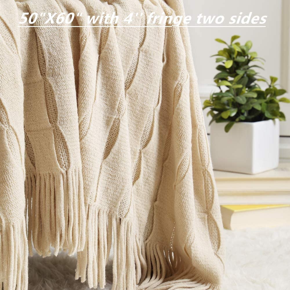 CREVENT Home Decor Couch Sofa Chair Bed Throw Blanket, Soft Warm Cozy Light Weight , Giftable (50''X60'' Beige/Ivory)