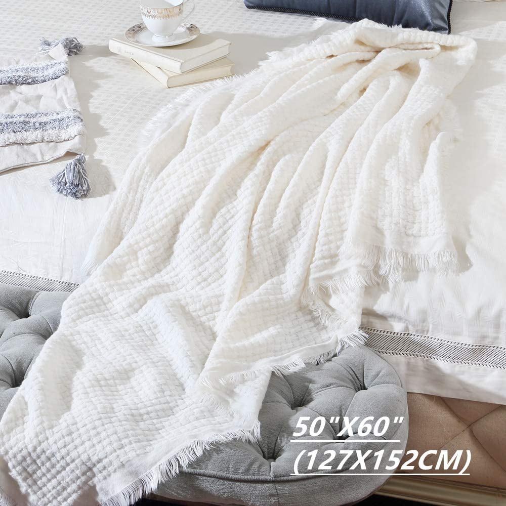 CREVENT Plush Throw Blanket for Home Decoration, Soft Warm Cozy Light Weight for Summer Fall (50''X60'' Off White/Ivory/Cream)