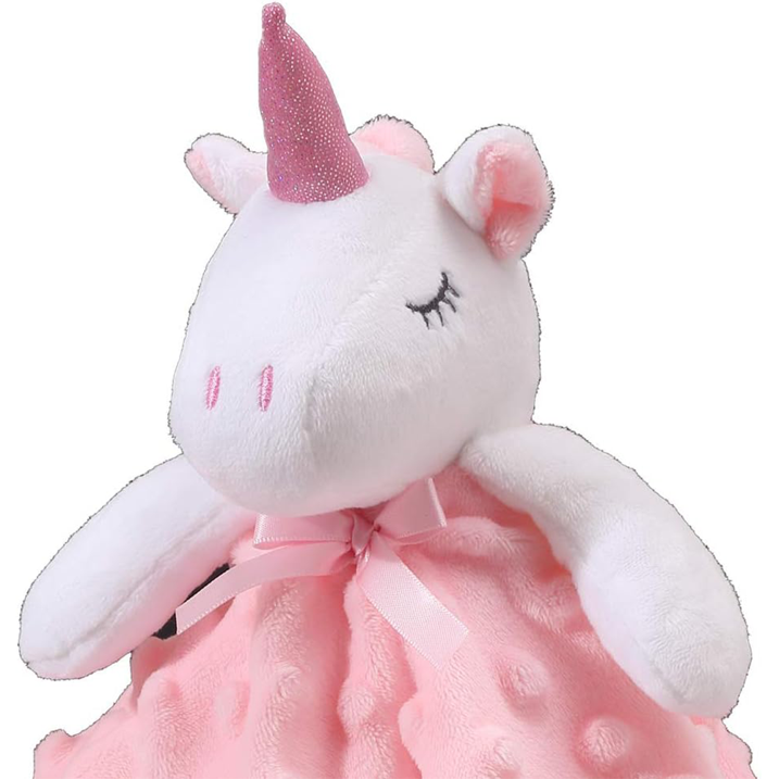 CREVENT Cozy Plush Lovey Fluffy Baby Security Blanket Loveys for Infant Girls, Pink Unicorn, 14'' x 14''