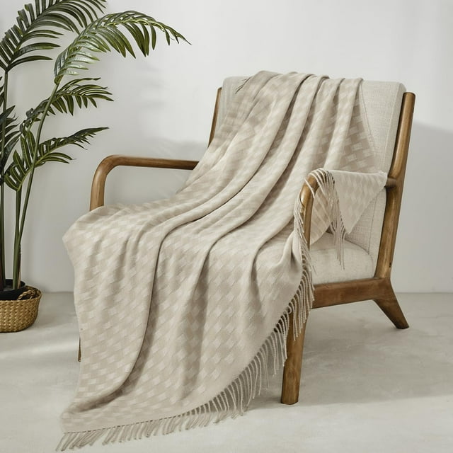 CREVENT Wave Line Throw Blanket for Couch Sofa Chair Bed Home Decoration, Super Soft Warm for All Season, 50''X60'', Beige