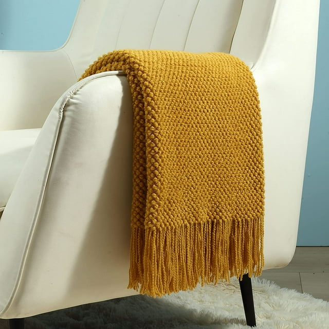 CREVENT Knitted Decorative Throw Blanket for Couch Sofa Chair Bed，Soft Warm Cozy Light Weight for Spring Summer Fall (50''X60'' Mustard Yellow)