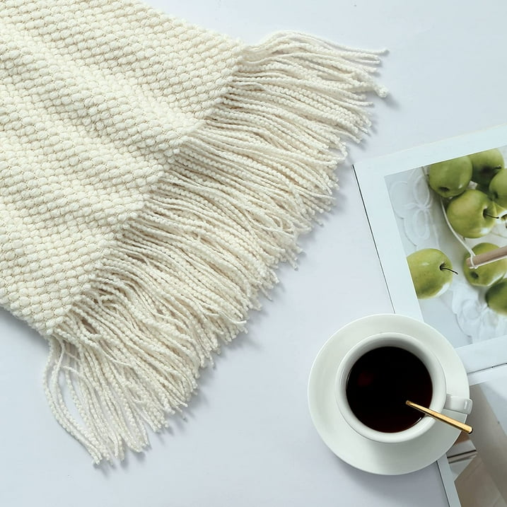 CREVENT Lightweight Knit Throw Blanket for Couch Sofa Chair - Soft and Decorative for Spring Summer Fall (50''X60'' Ivory/Off White)