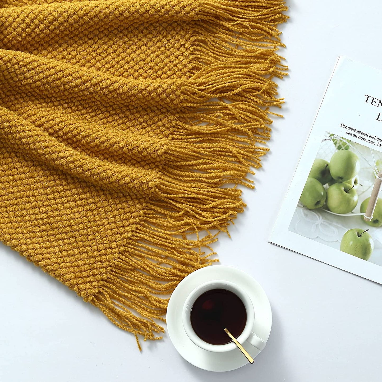 CREVENT Knitted Decorative Throw Blanket for Couch Sofa Chair Bed，Soft Warm Cozy Light Weight for Spring Summer Fall (50''X60'' Mustard Yellow)